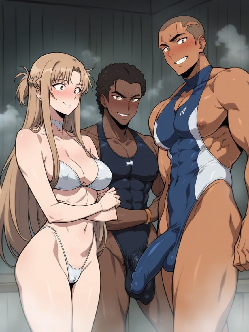 Flimsy Kirito From Sao Sitting In Background, Bulge Too Close To Asuna Mouth, Half Penis Visible Hentai AI Porn