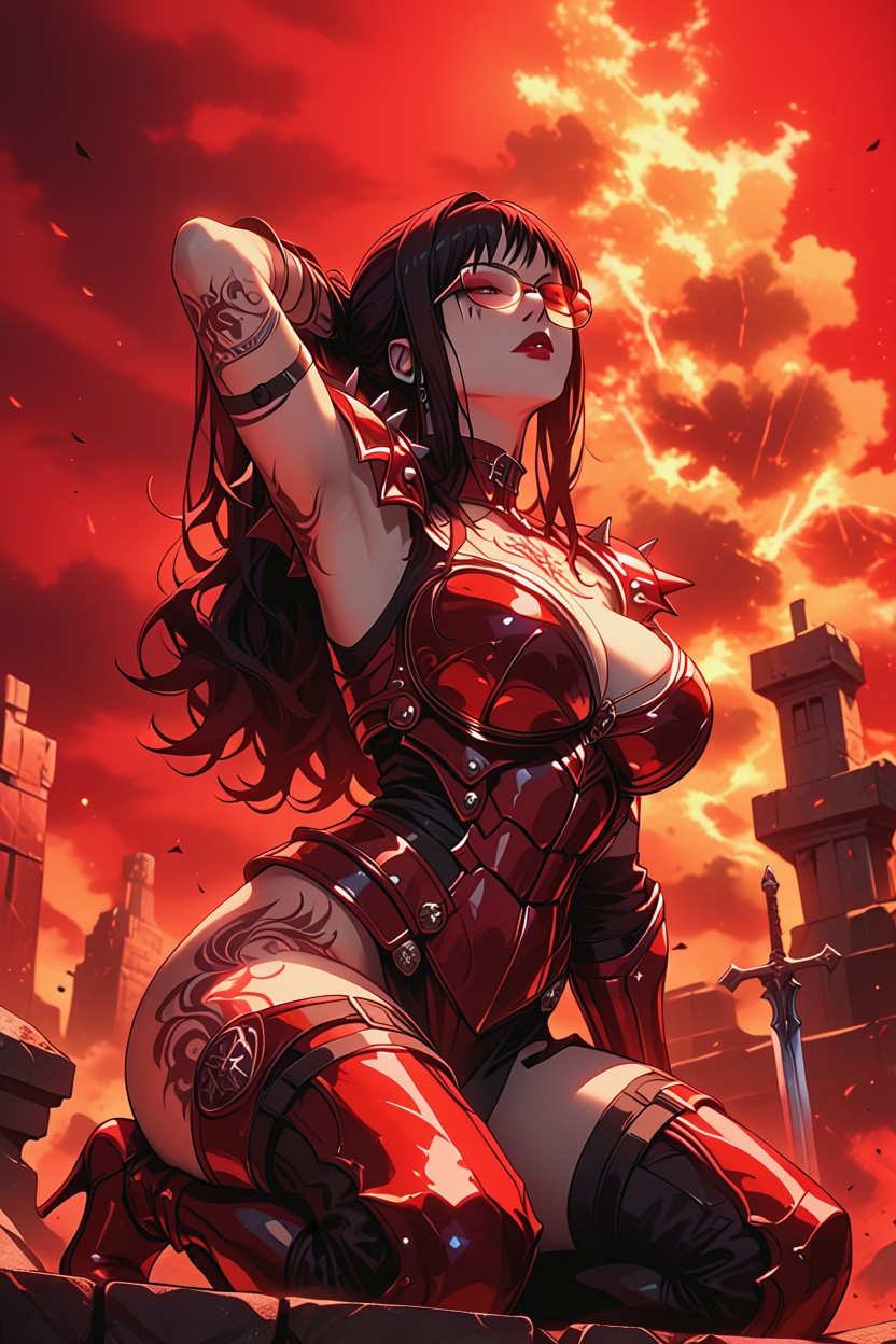 Eyes Half Closed, Arms Up, Fiery Battlefield Background Hentai AI Porn