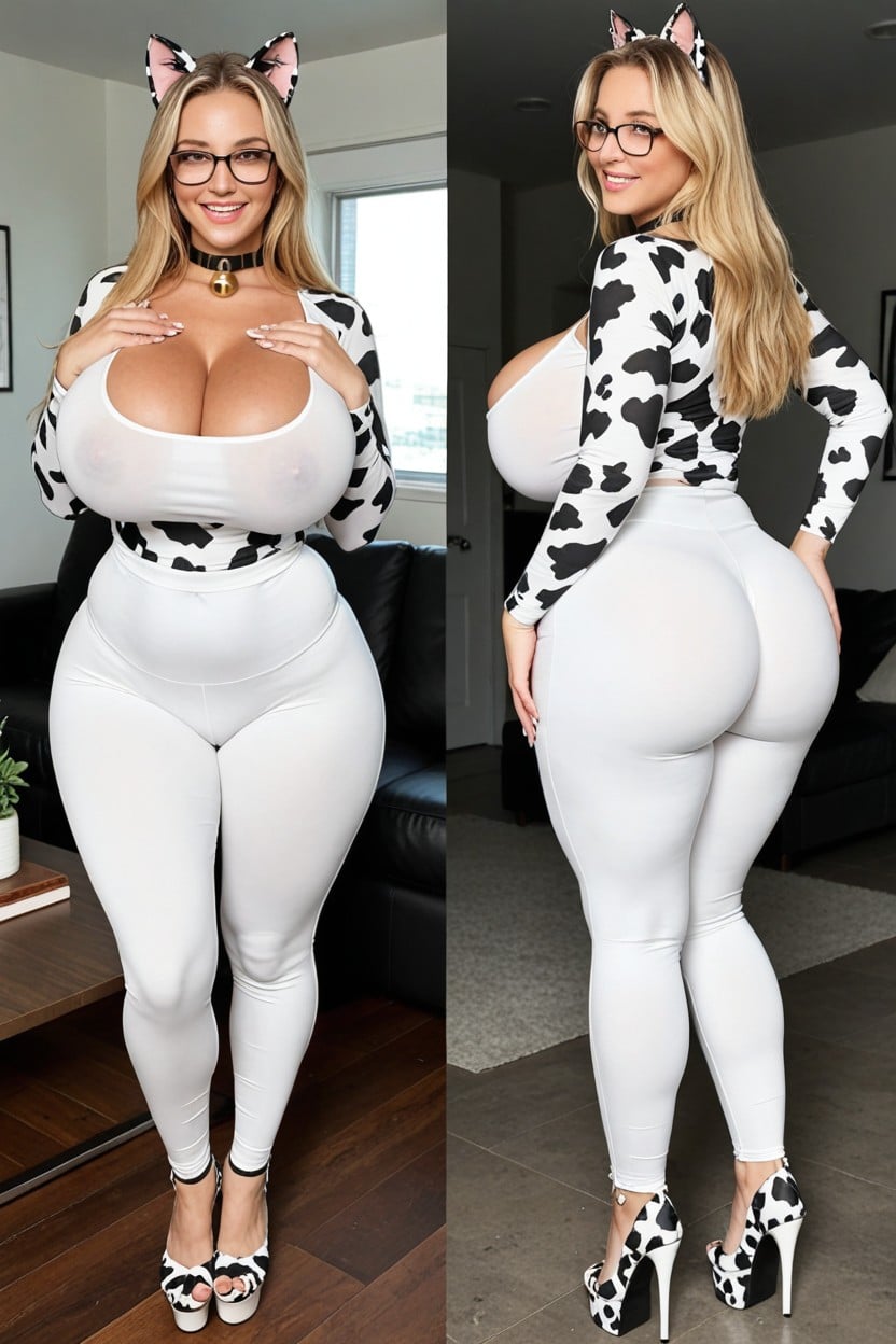 Cowprint High Heels, Cowprint Yoga Pants, Cat Ears AI Porn