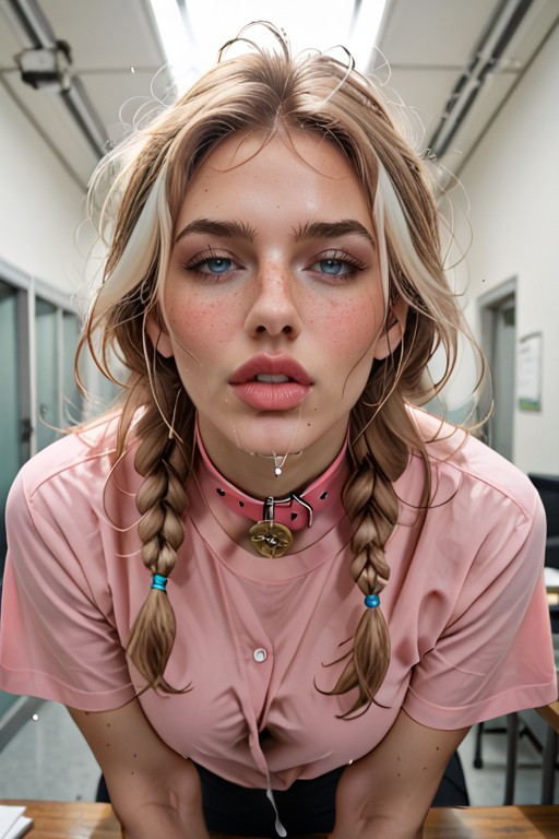 Light Brown Hair With Blonde Highlights, Body Ultra Light Skin, Messy Room AI Porn
