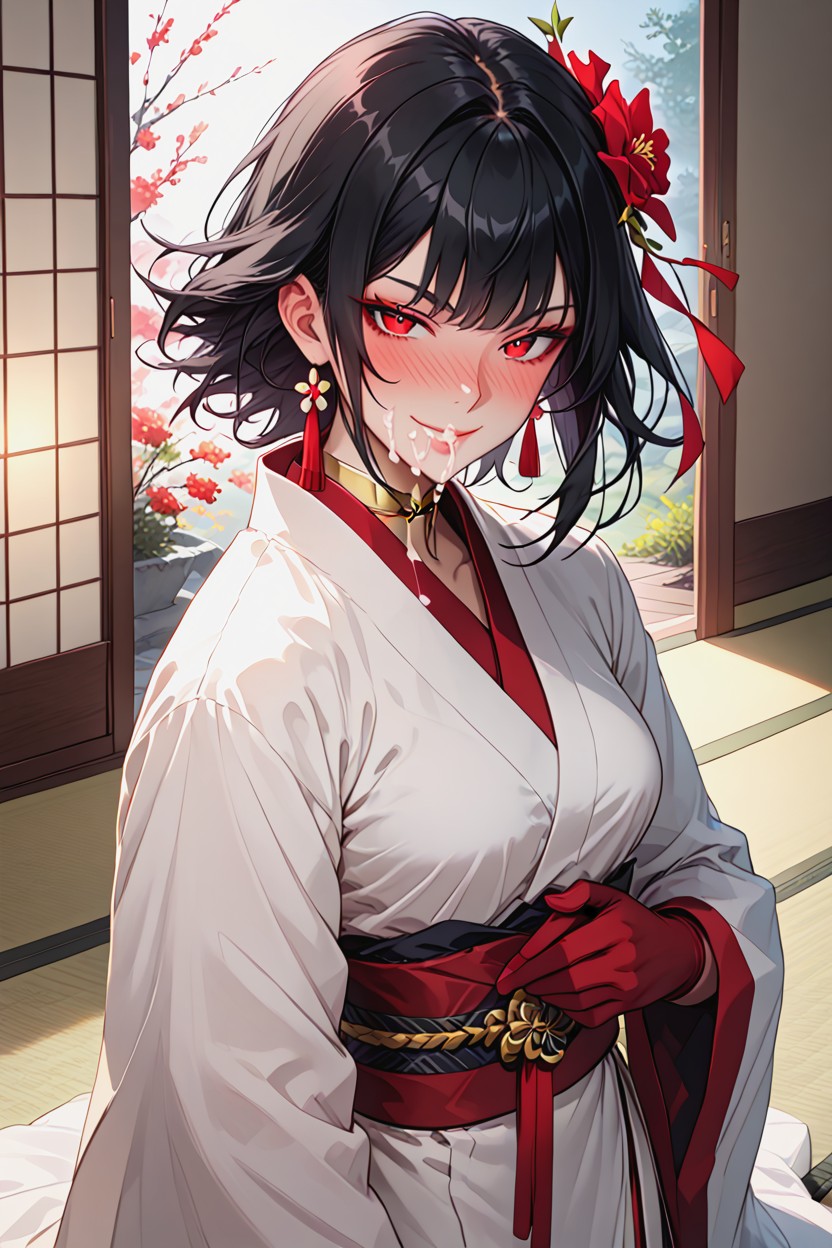 Crimson Long Gloves, Rosy Skin, Smiling Mouth Open Hentai AI Porn