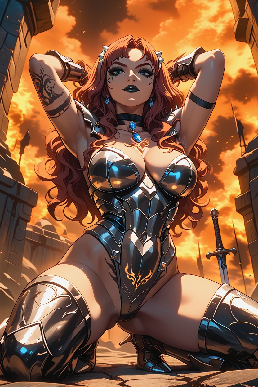 Gauntlets, Arms Up, Long Curly Orange Hair Hentai AI Porn