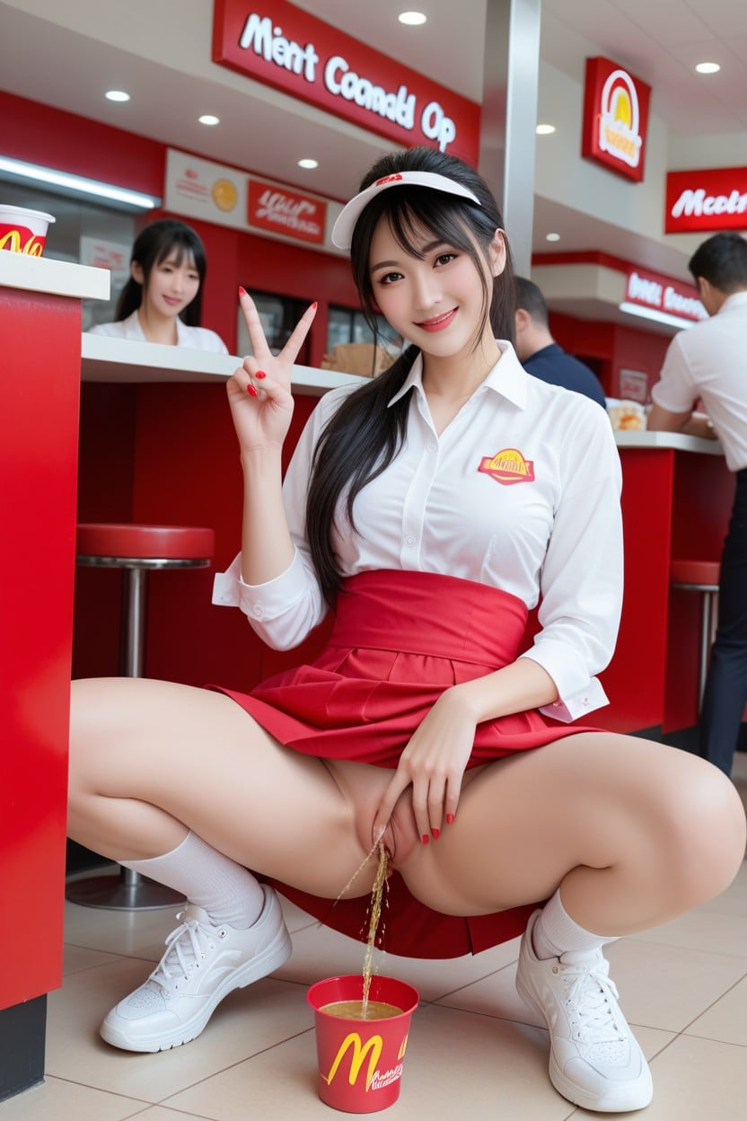 Peeing Into A Paper Cup On The Floor, Mcdonald's Uniform, White Sneakers Porno asiático IA