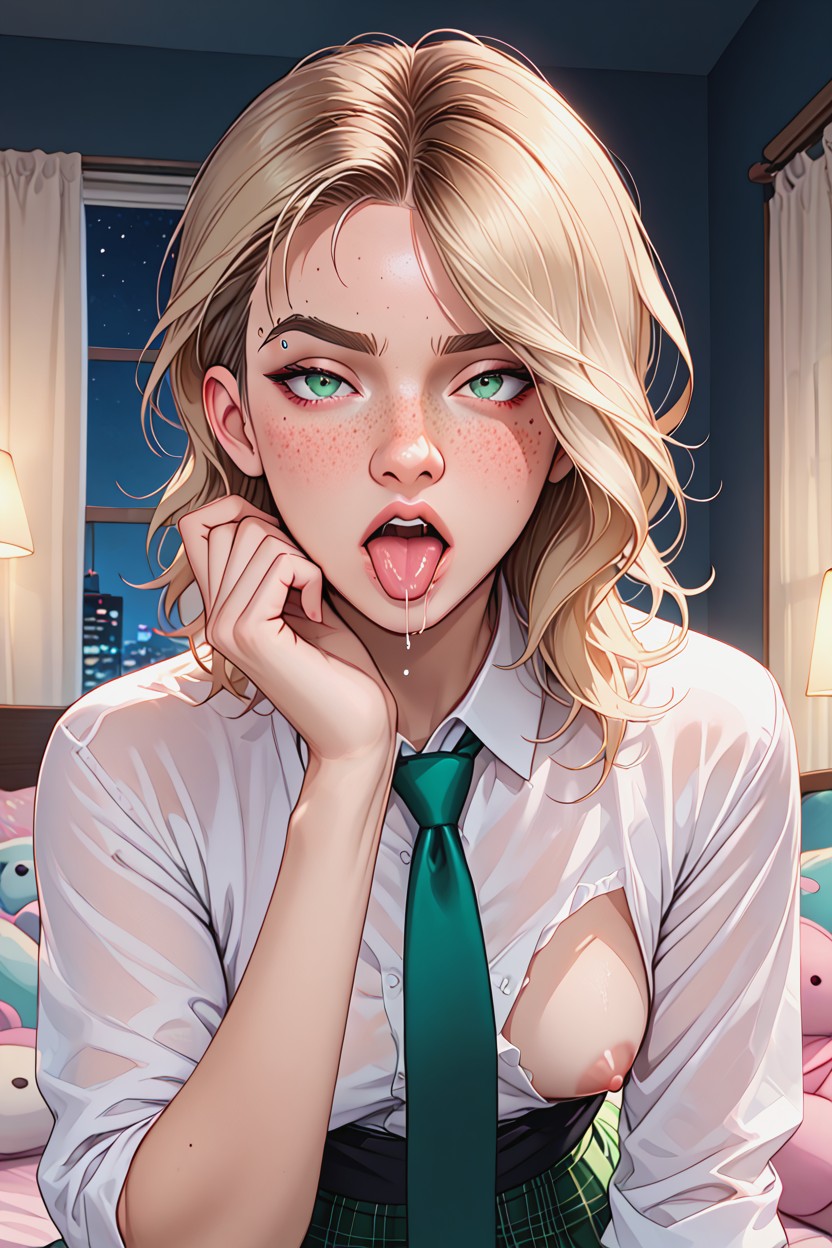 Pink Walls, Green Neck Tie, Green Frilled Skirt Hentai AI Porn