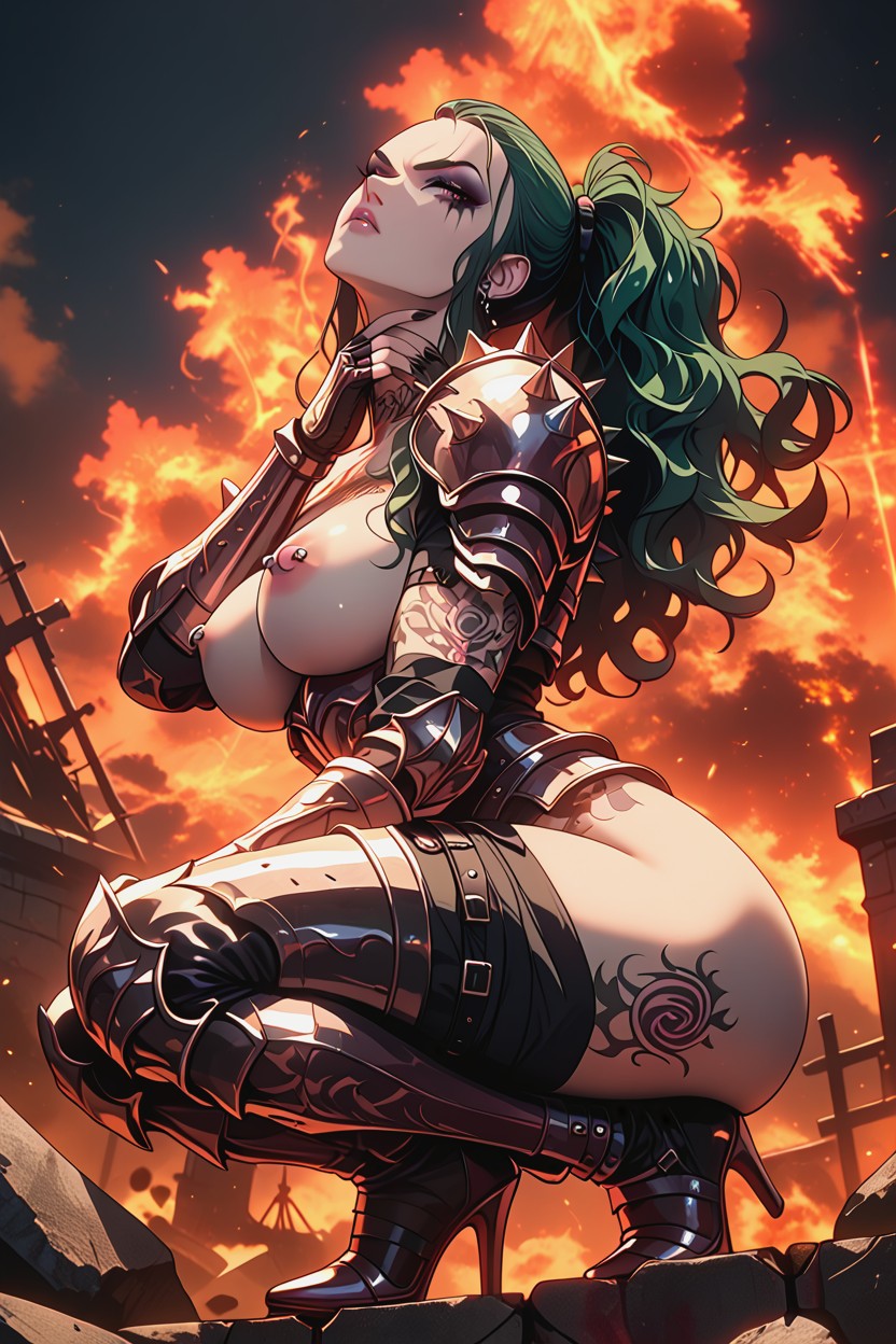 Angry, Pink Lips, Fiery Battlefield Background Hentai AI Porn