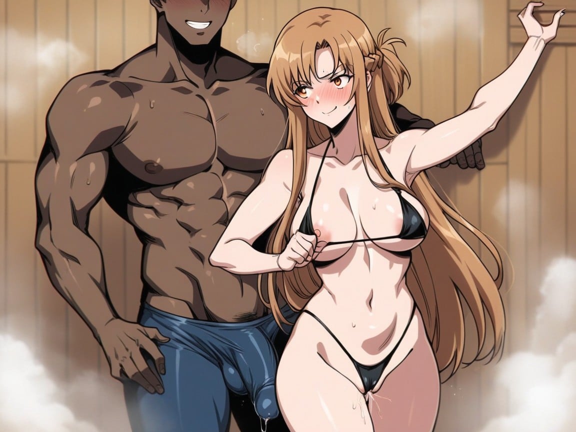 Disguising After Sex, Asuna From Sword Art Online Sitted With Arms Behind Their Backs, Horny Face Hentai AI Porn