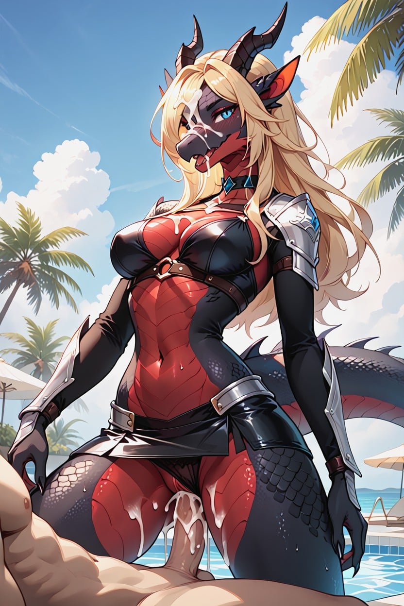 Dragon Horns, Black Body, Blonde Hair ファーリーAIポルノ