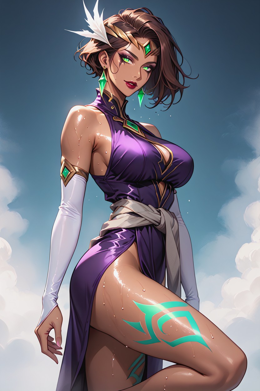 Lipstick, Green Leg Tatoo On One Leg, Open Side Leg Hentai AI Porn