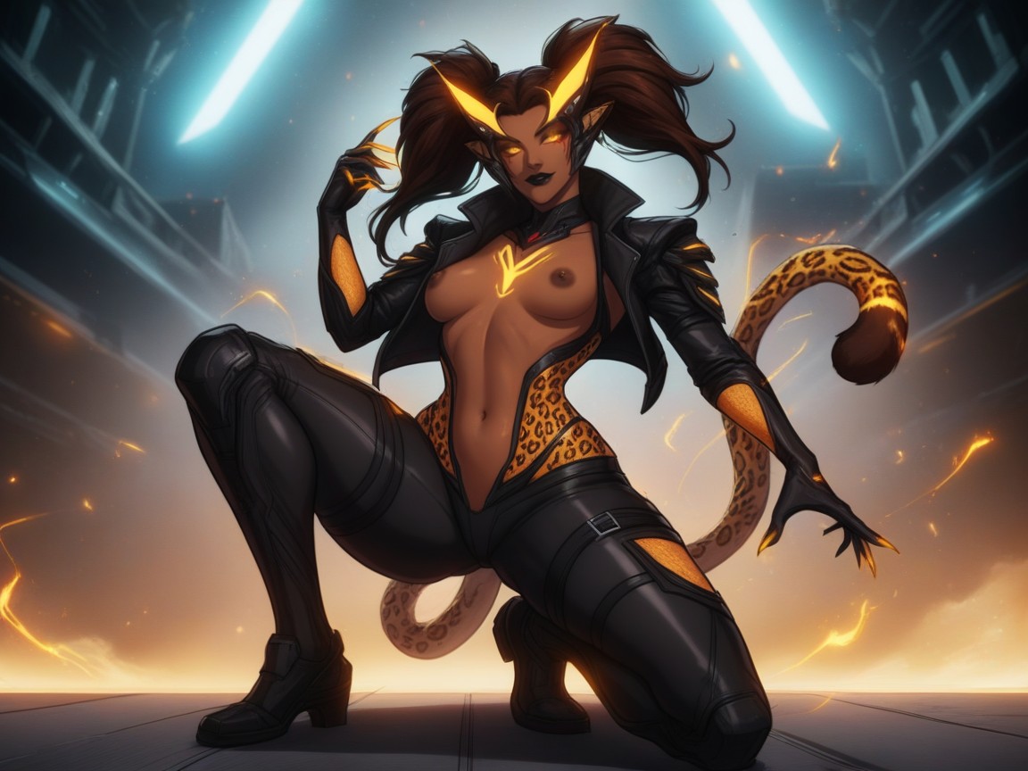 Feline Golden Eyes With Neon Pupils, Snatched Waist, Detailed Alien Features Latina AI Porn
