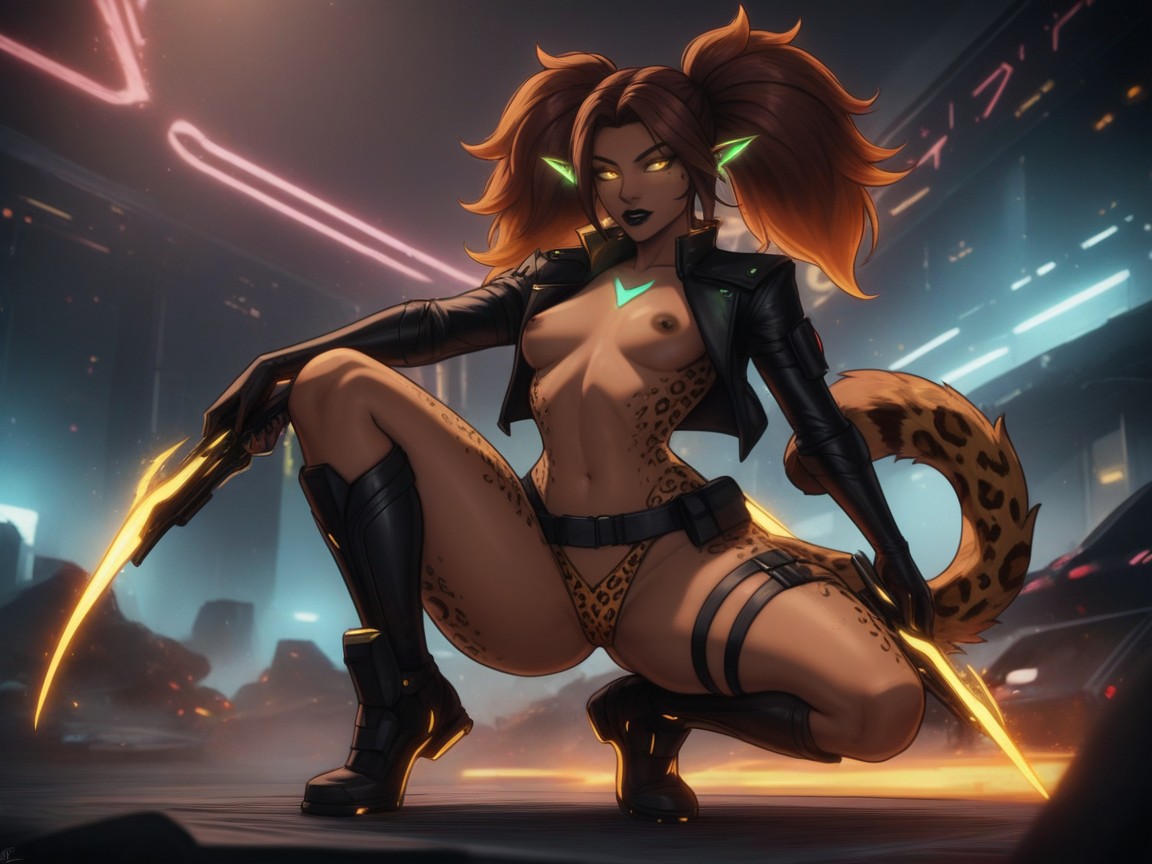 Wearing Leopard Print Alien Clothes, Vibrant Saturated Tones, Ruined City Location Latina AI Porn