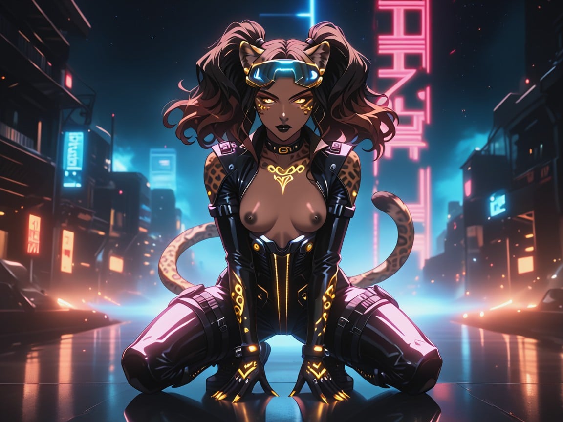 1 Person, Glowing Gold Leopard Spots, Brown Nipples Showing Under Armor Hentai AI Porn
