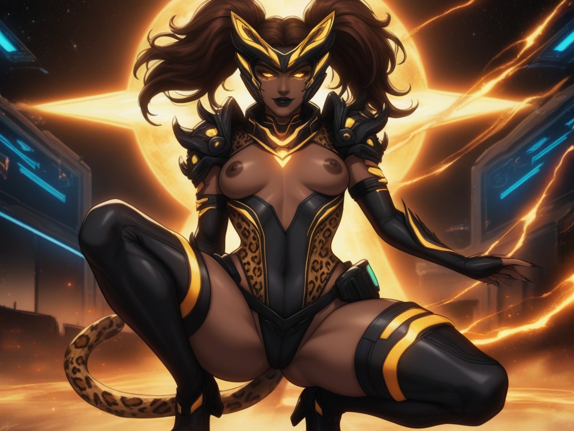 Dark Brown Skin, Glowing Neon Leopard Claws, Woman Crouching On Wrecked Vehicle AI Porn
