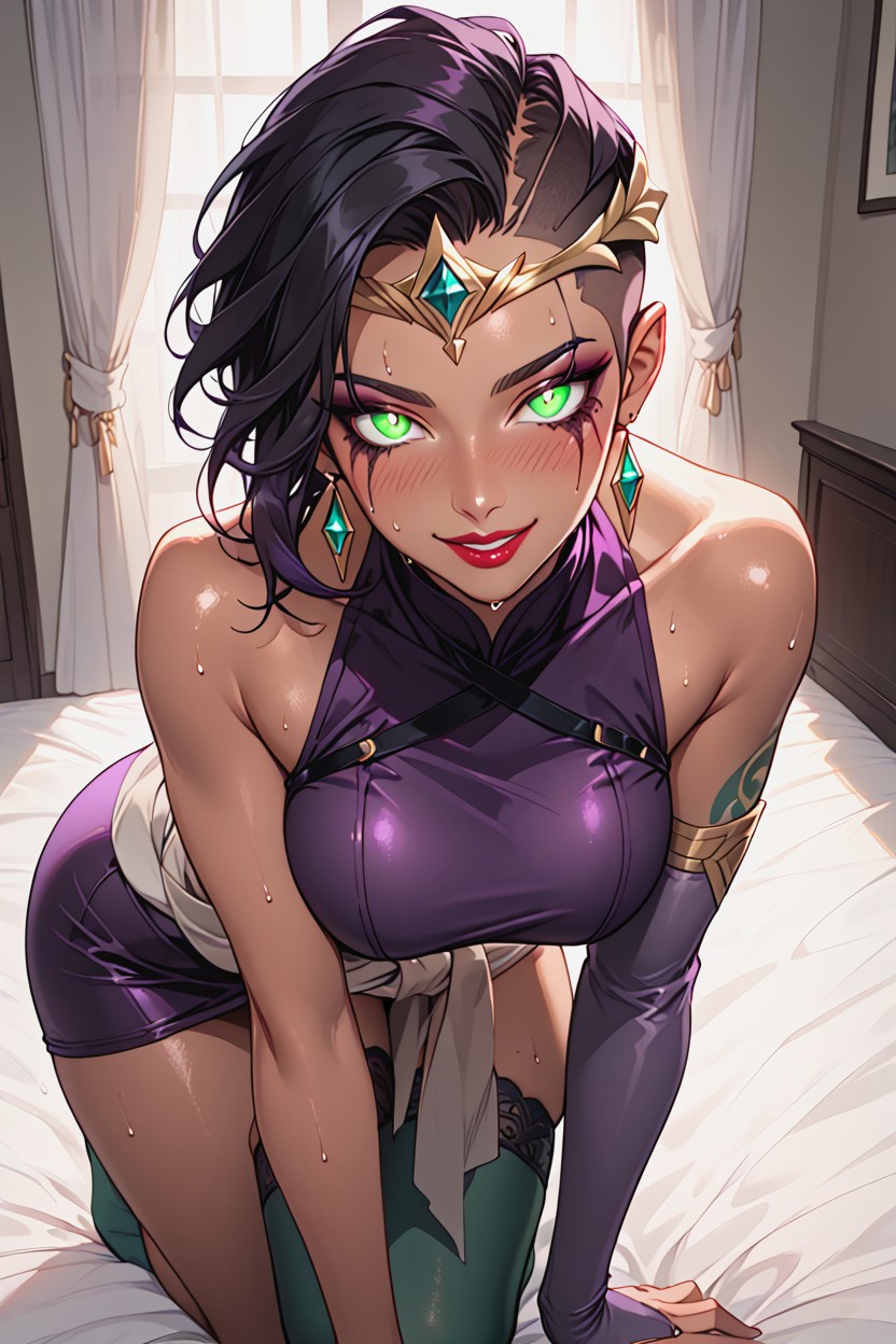 Black Eye Makeup, Oiled Skin, Grey Wrap Around Waist Hentai AI Porn