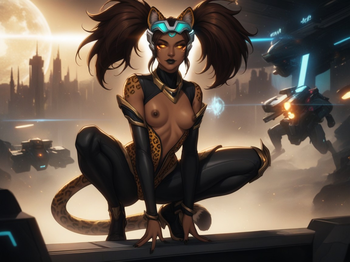 Black Nails, Woman Crouching On Wrecked Vehicle, Sloped Shoulders AI Porn