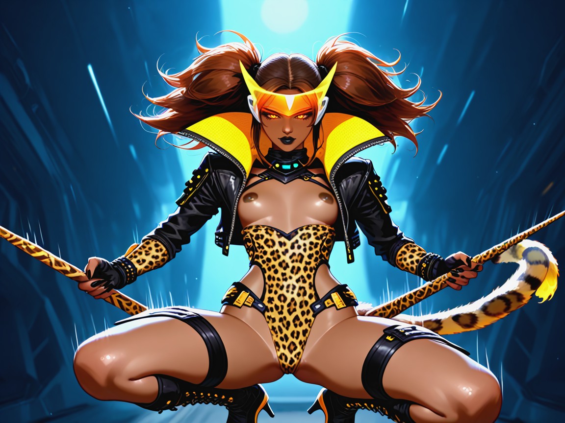 Glowing Neon Leopard Claws, Glowing Gold Leopard Spots, Small Breasts Latina AI Porn