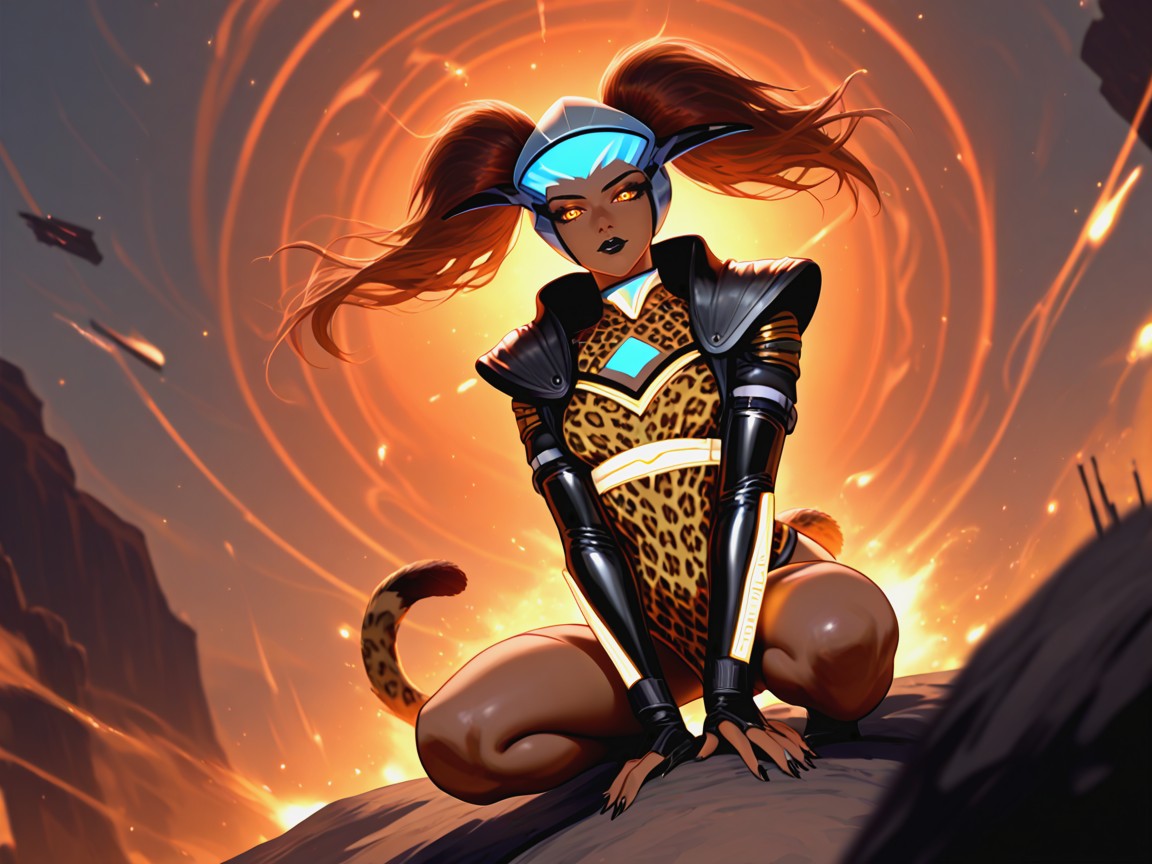 Glowing Neon Leopard Claws, Woman Crouching On Wrecked Vehicle, Nsfw Porno IA Latina