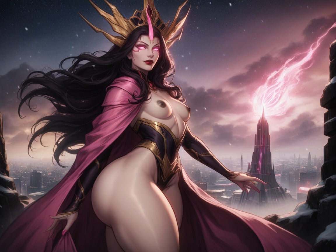 Straight Black Hair Flowing, Searchlights Cutting Through Smoke, Alien War Empress AI Porn