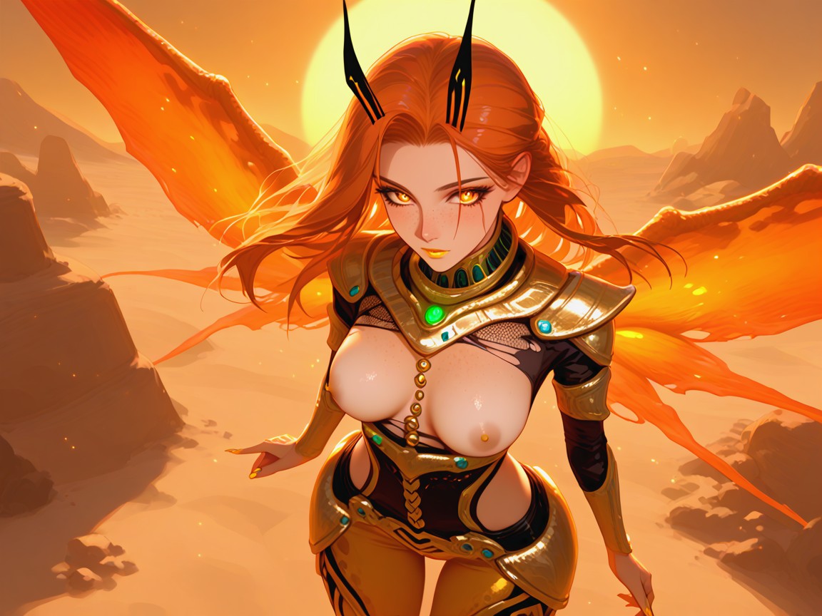 Bronze Lipstick, Rounded Hips, Neon Gold Alien Stinger Tail Latina AI Porn