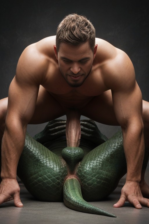 Ecstatic Pleasured Reptilian Expression, Milking Stroking Action On The Penis, Long Scaled Tail AI Gay Porn