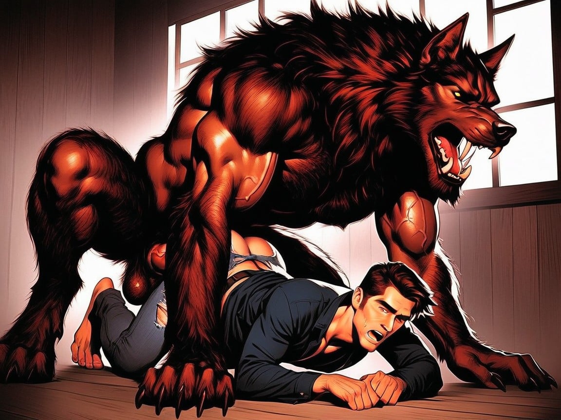 18+, Muscular Werewolf Body, Werewolf Has Hairy Muscular Digitigrade Legs AI Gay Porn