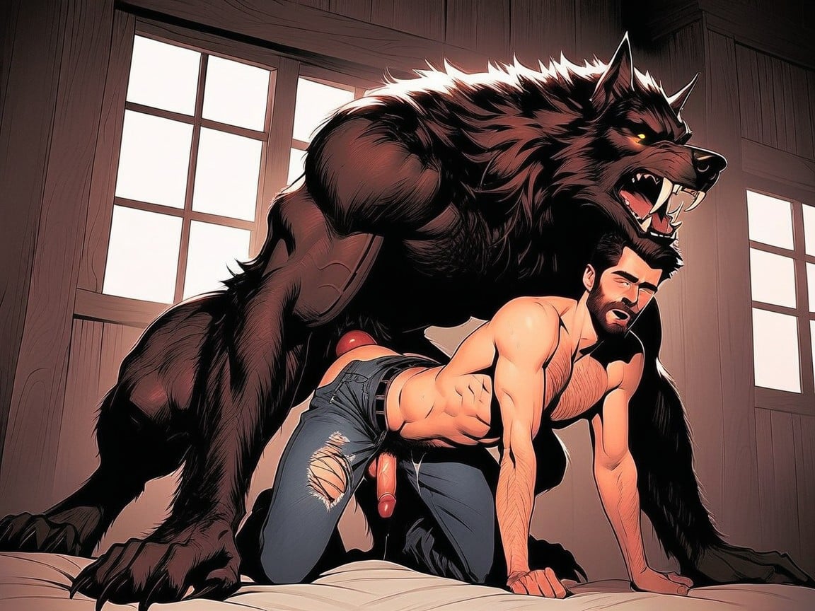 Large Paw Feet, Waist Shot, Werewolf Has Hairy Muscular Digitigrade Legs AI Gay Porn