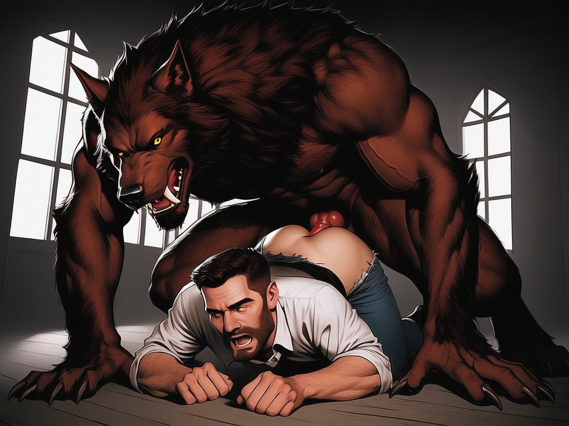Knotted Cock Is Penetrating Deeply Inside Of The White Males Annus, Veiny, The Werewolf's Naked Body On Full Display AI Gay Porn
