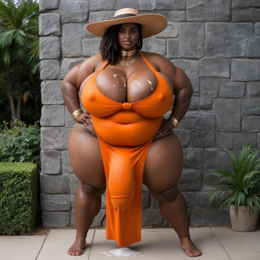 Big Golden Circle Bracelets, Cock Covered By Long Orange Dress, Full Body AI Porn