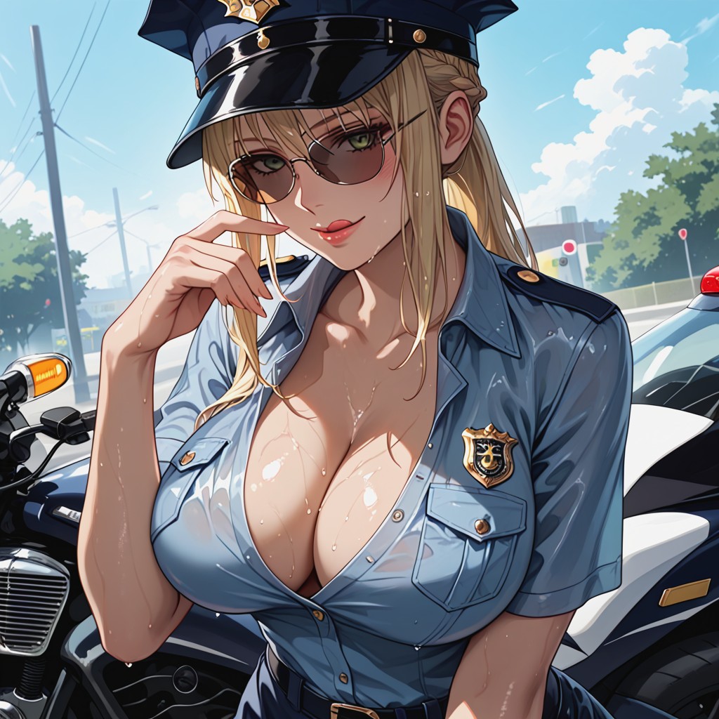 Wide Hips, Licking Own Finger, Police Skirt Hentai AI Porn