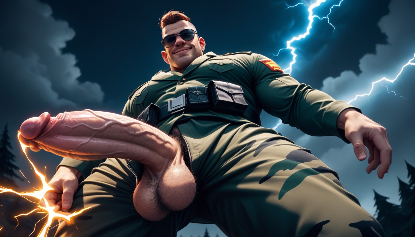 Arms Behind Back, Erect Penis, Wearing Military Camouflage Pants AI Gay Porn