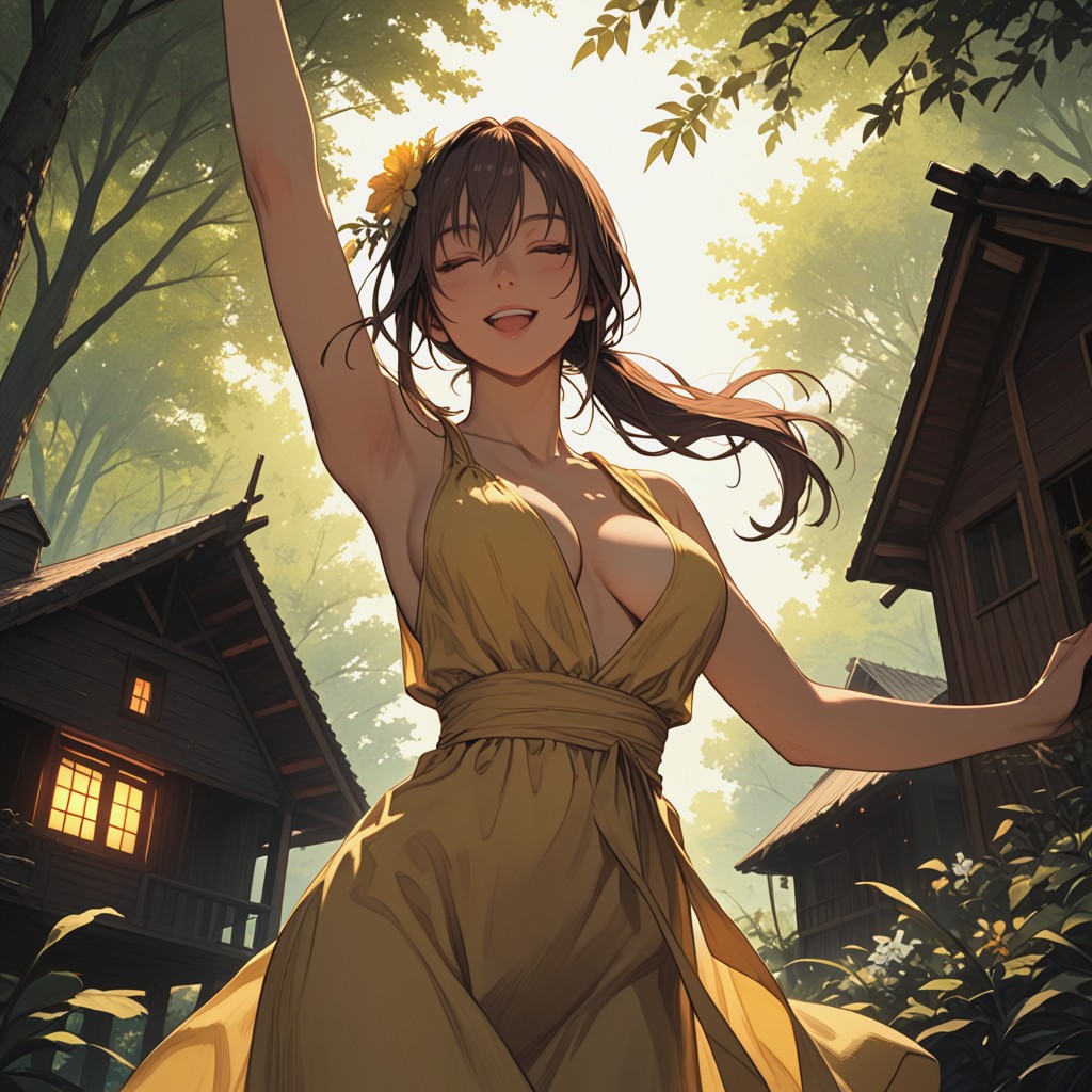 Brunette, Happy, Flower In Hair Hentai AI Porn
