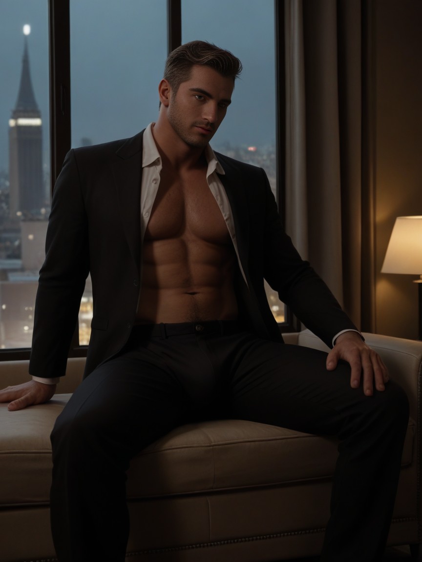 Thick Thighs, Sitting In An Armchair, Tan Skin AI Gay Porn