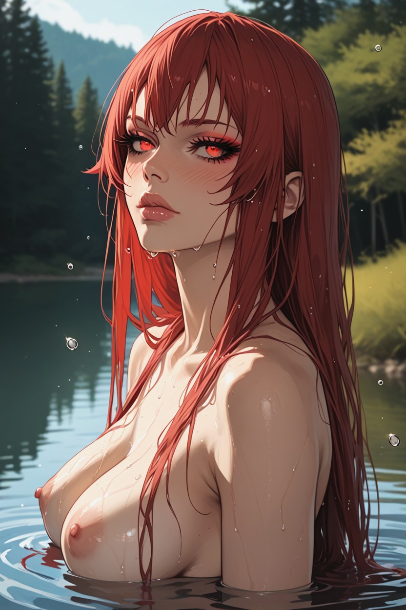 Montain In Background, Forest Behind Lake, Arms Behind Head Hentai AI Porn