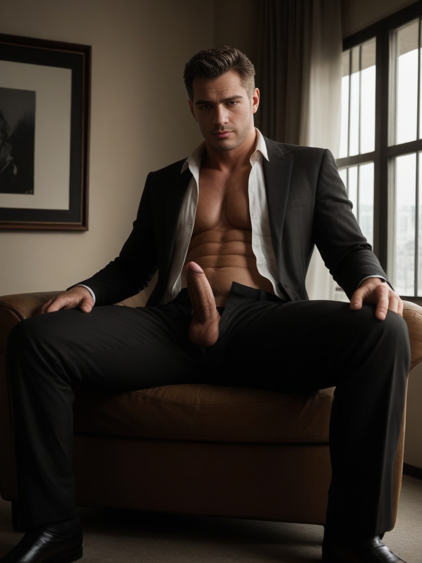 Office Shirt, Abdomen Exposed, Fly Is Open AI Gay Porn