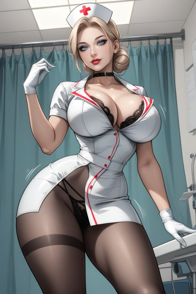 Waist Shot, Massive Rounded Breasts, Blonde Bun Hair AI Porn