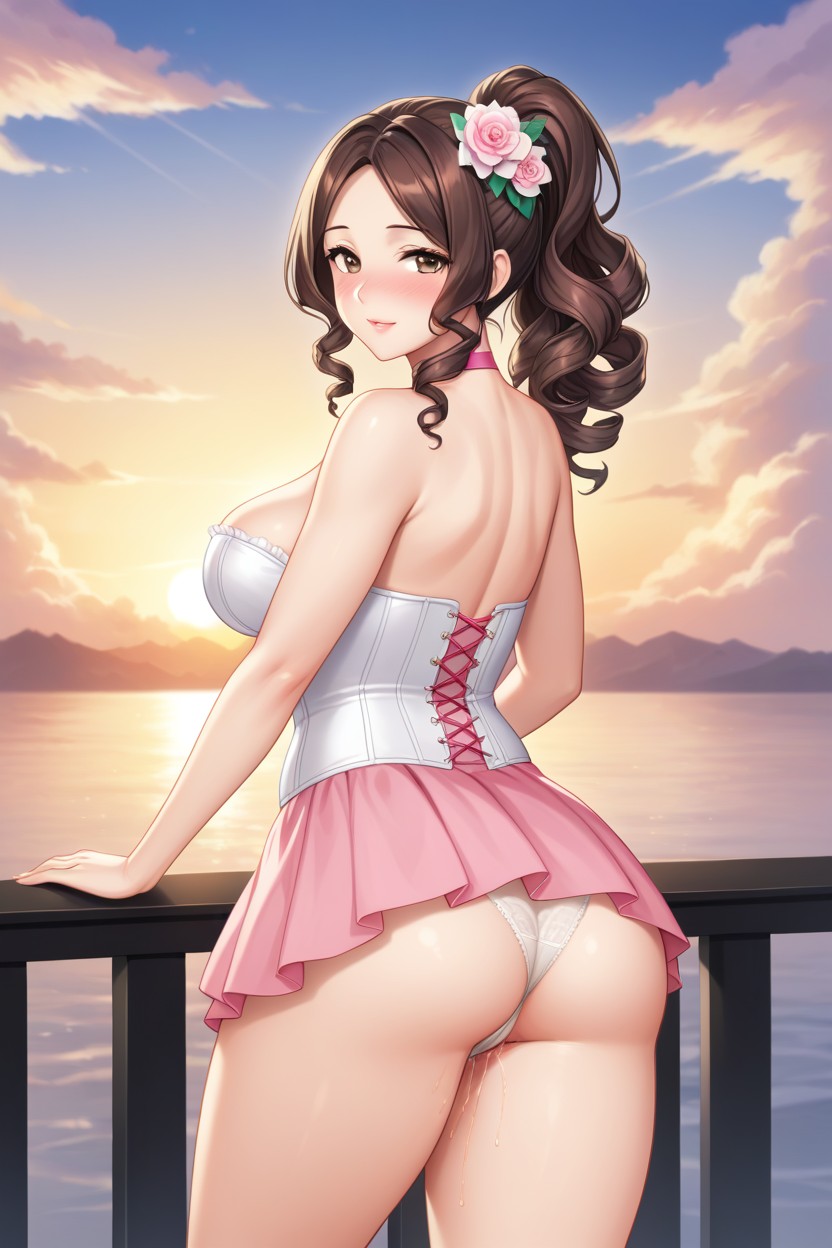 Brunette, Detailed Face, Pink An White Corset Skirt Hentai AI Porn