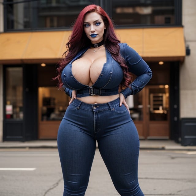 Full Body, Black Choker, Long Wavy Hair AI Porn