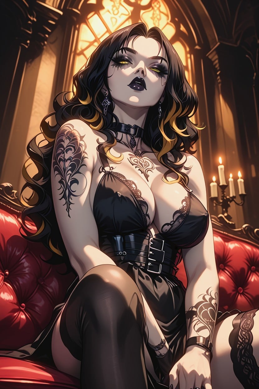 Tattoos, Side View, Reclining On A Velvet Chaise Lounge Hentai AI Porn