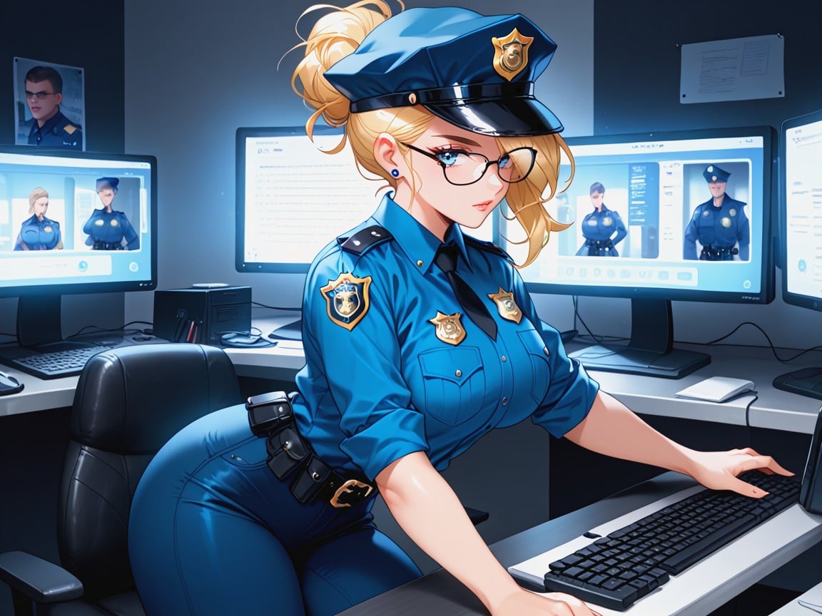 Blonde Pixie Hair, Blue Business Pants, Hair Covering Eye Hentai AI Porn