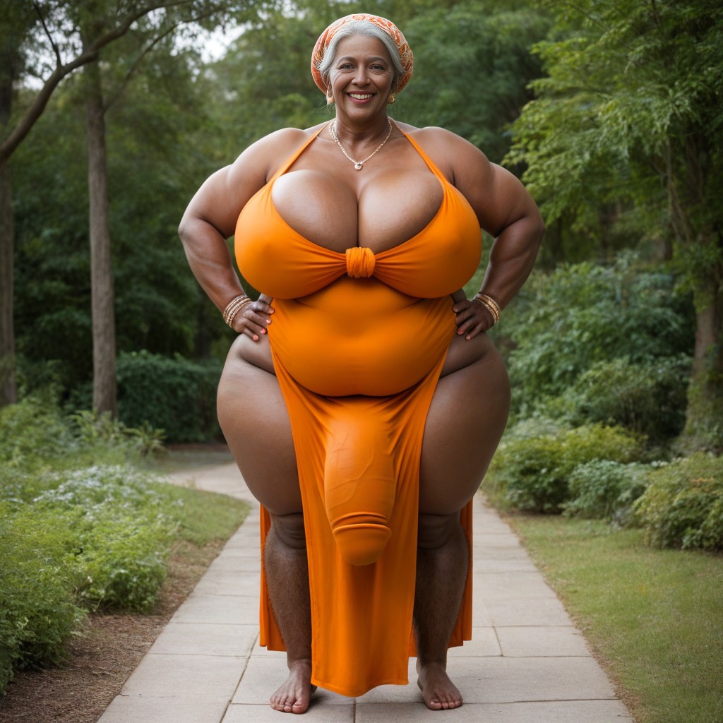 Big Golden Circle Bracelets, Cock Covered By Long Orange Dress, 큰 엉덩이 AI 포르노