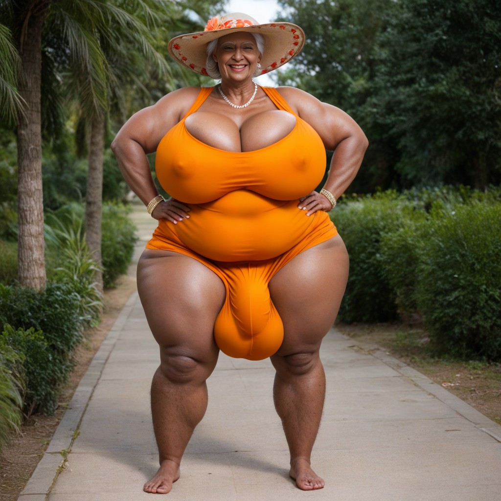 Large Hyper Hips, Boobs, Long Orange Dress With Wrinkled Collar AI Porn