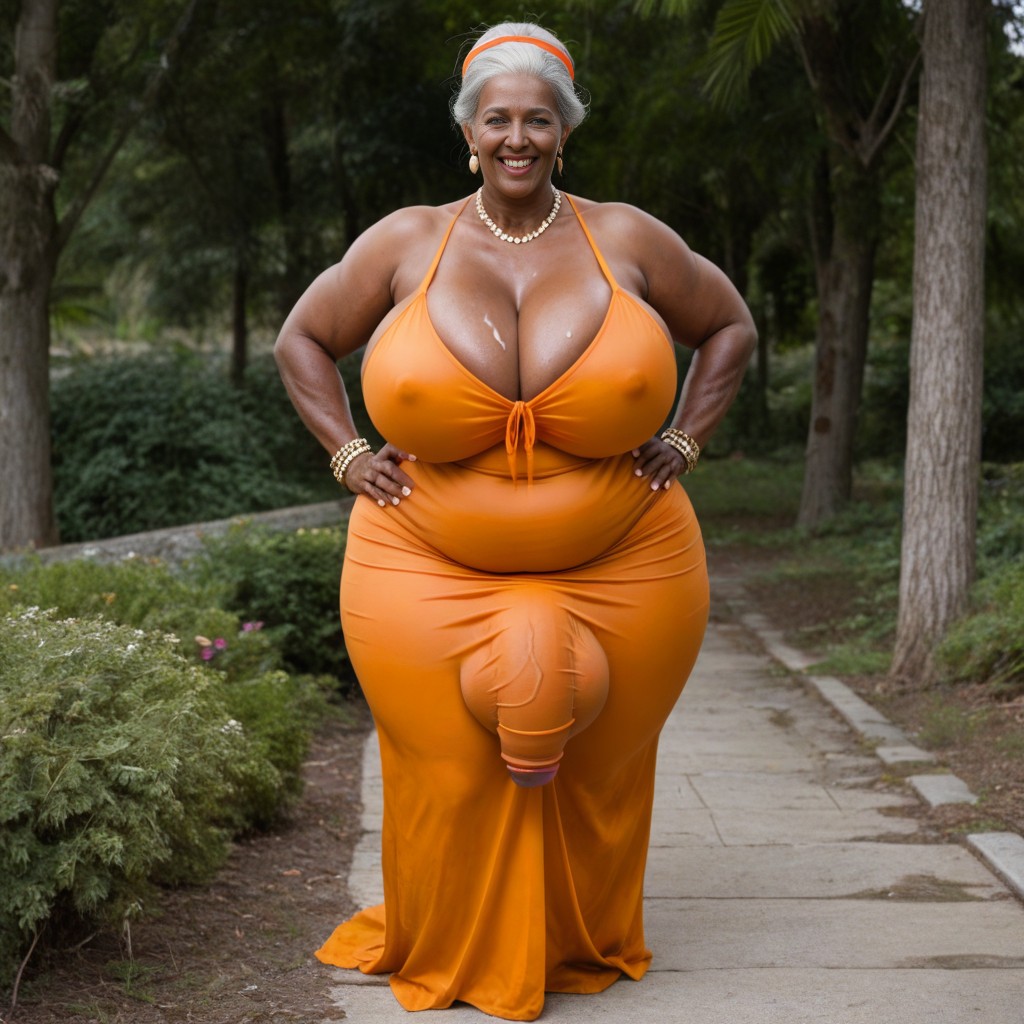Dark Brown Skin Futanari Big Belly, Cock Covered By Long Orange Dress, African AI Porn