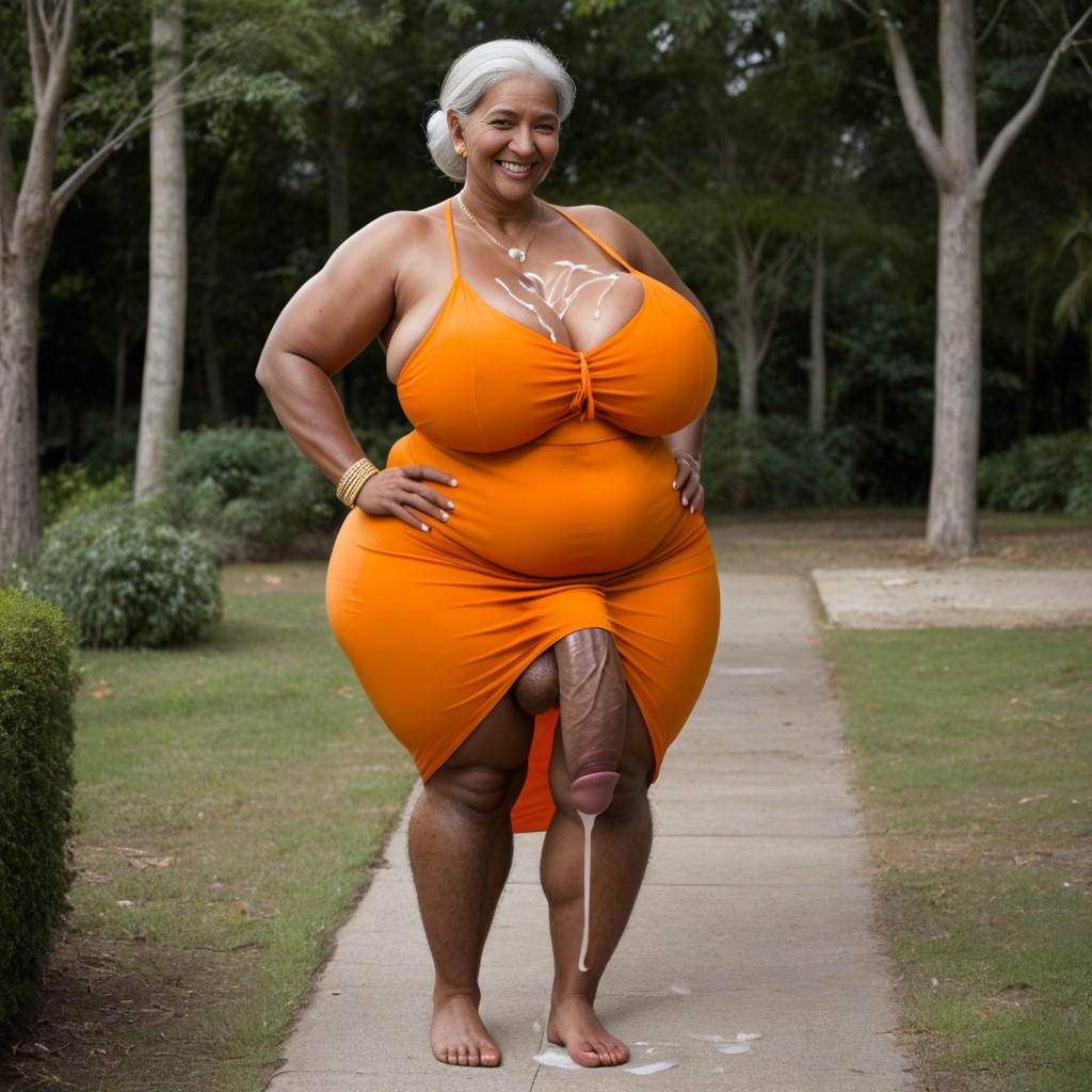Thick Thight, Thick Cock Cover By A Long Orange Dress, Large Hyper Hips AI Porn