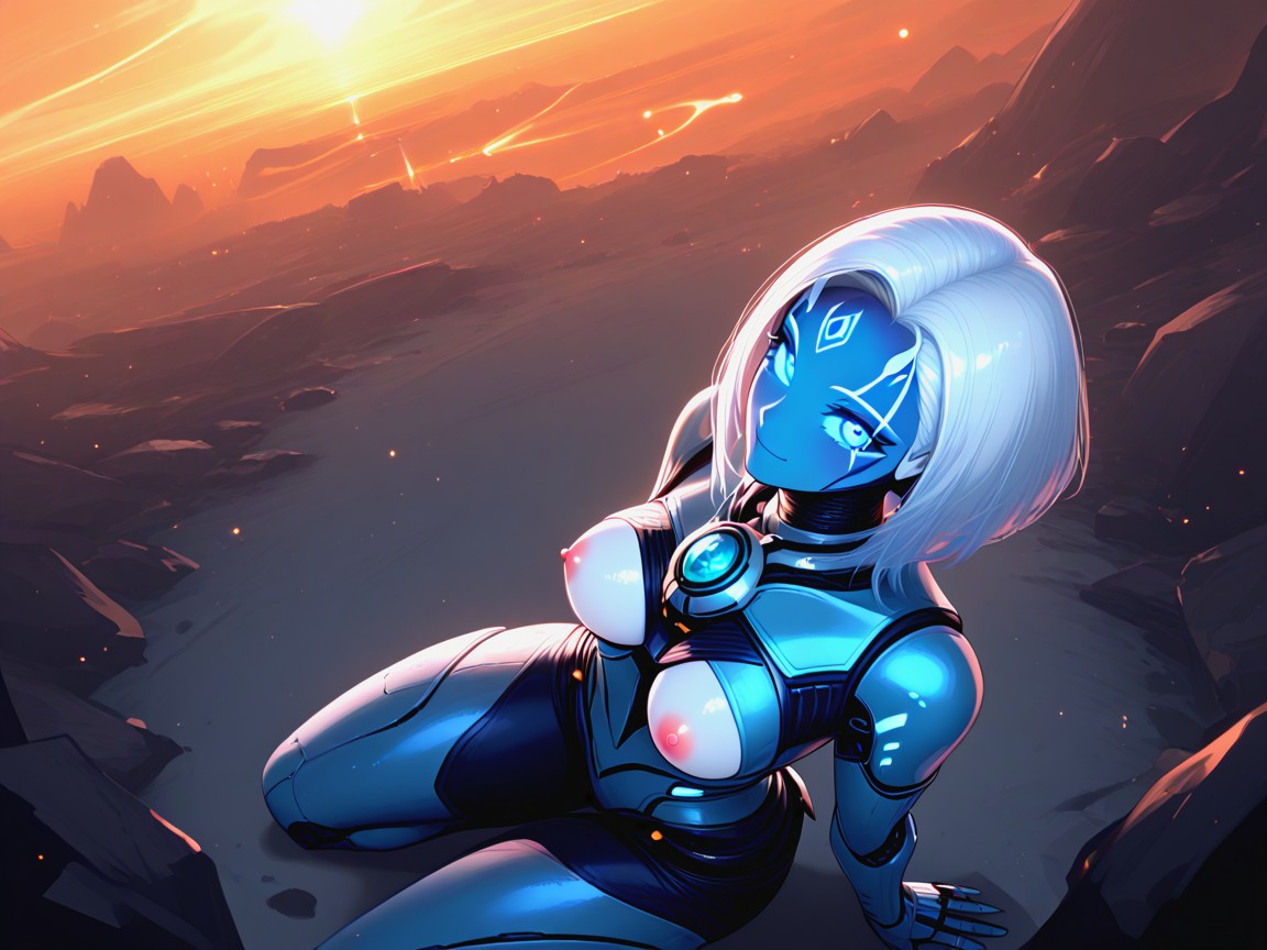 Tight Round Ass Cheeks, Hourglass Body, Wearing Blue Metallic Alien Clothes ラティーナAIエロ