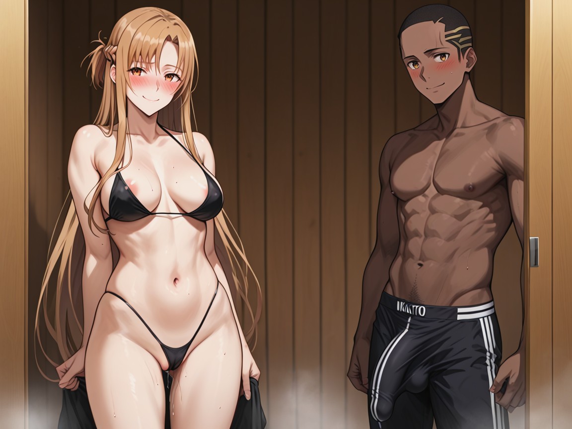 Touching Her Groin, Bulge Squeezing Asunas Body, Mischievous (smiling While Blushing) Hentai AI Porn