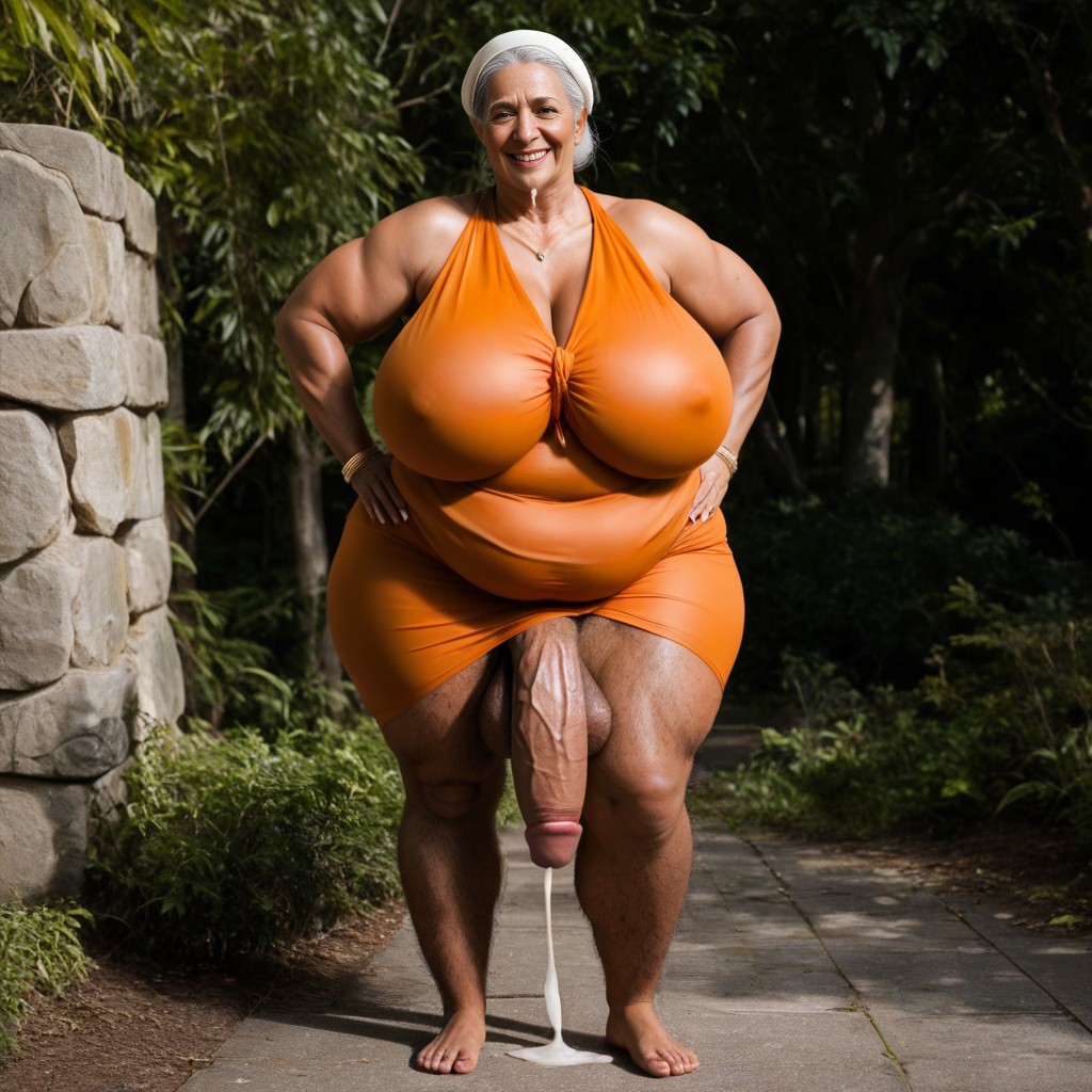 Hands On Hips, Reír, Cock Covered By Long Orange Dress Porno IA