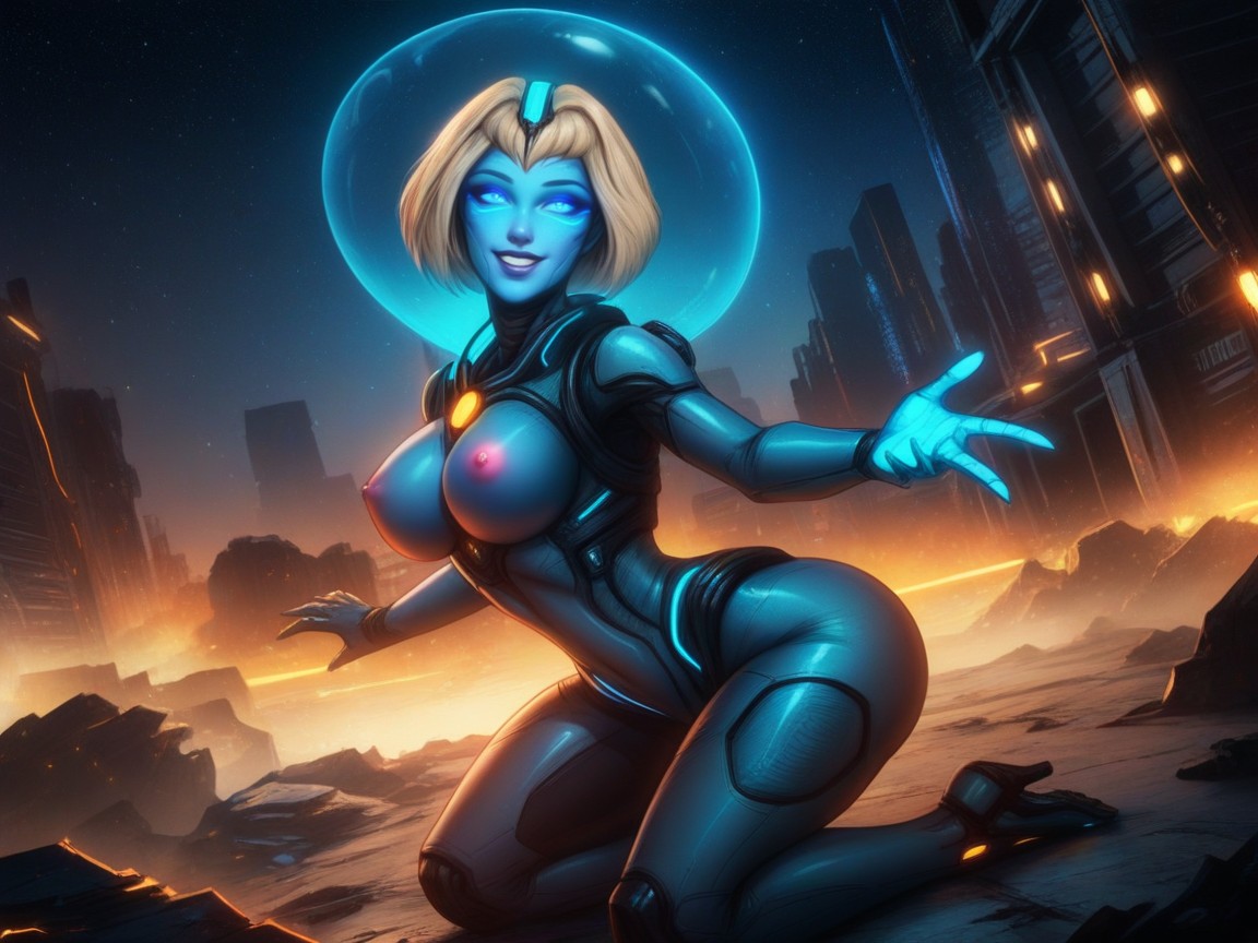 Neon Glow From Alien Ships, One Woman, 18+ AI Porn