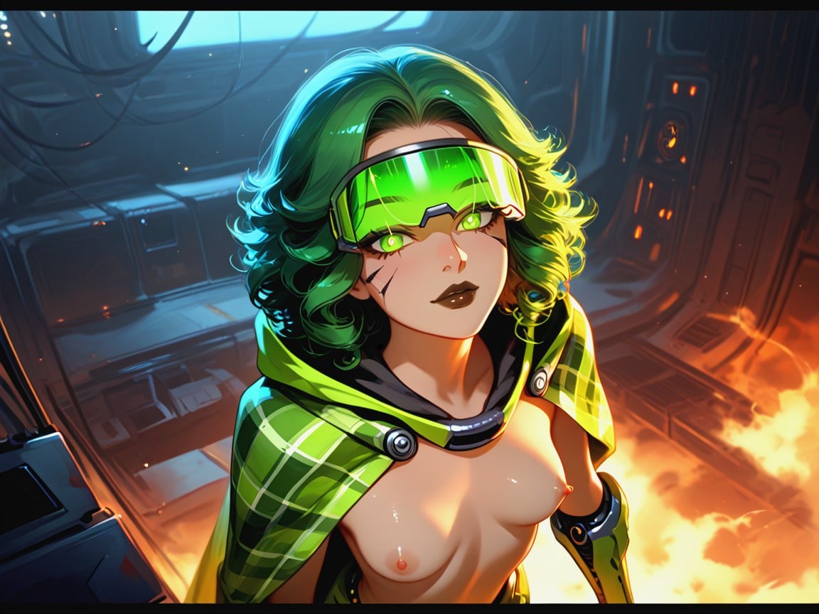 Dark Ebony Skin, Shattered Drones In Rubble, Armored Green Metal With Glowing Neon Trim Porno IA Latina