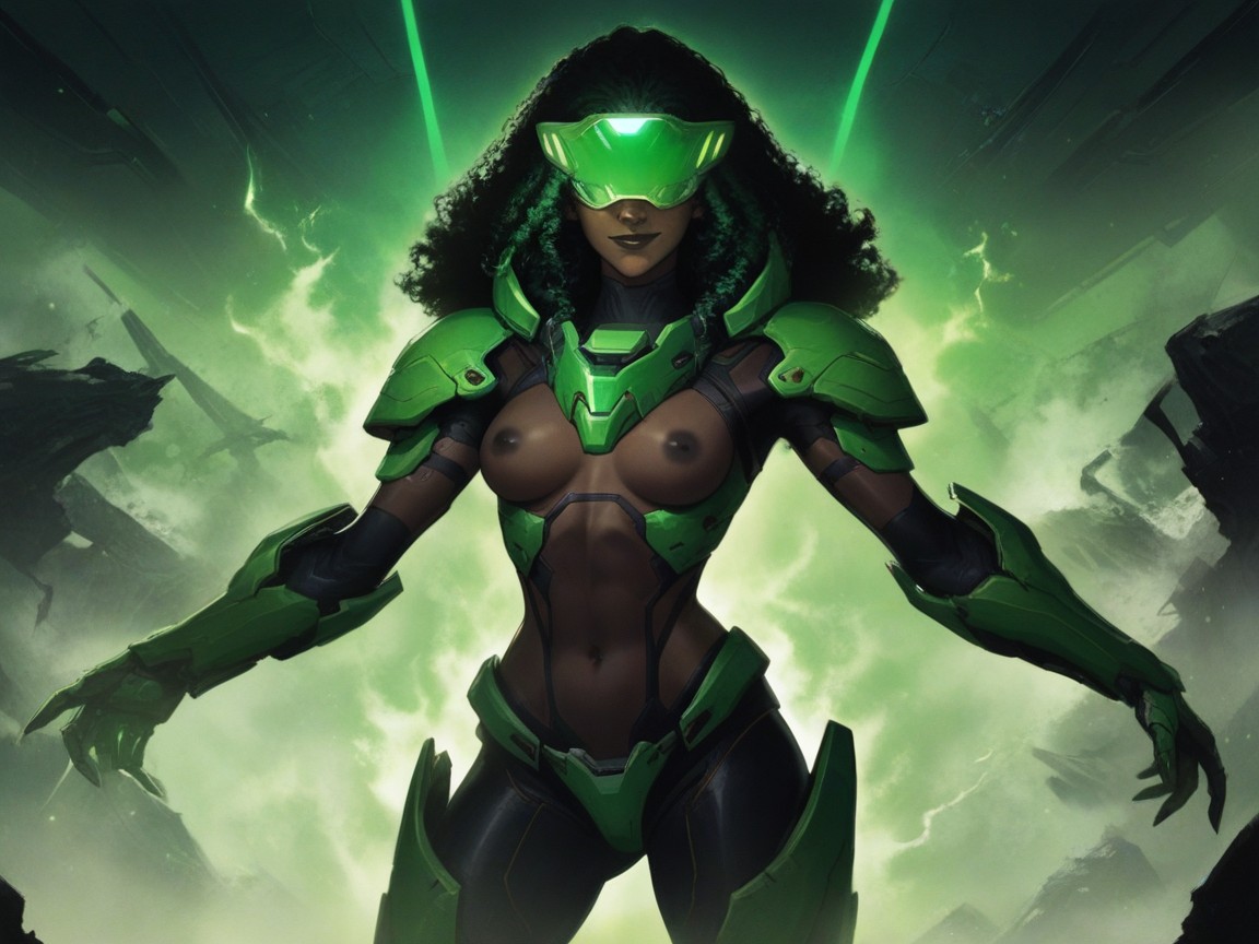 Asymmetrical Breasts, Alien Drones Hovering At Sides With Neon Lenses, One Woman Hentai AI Porn