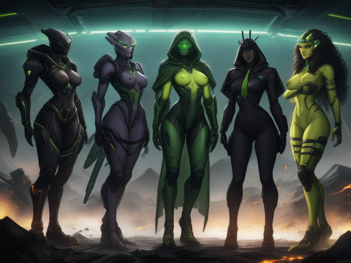 Woman Standing On Broken Alien Engine, Asymmetrical Breasts, Alien War Engineer AI 포르노