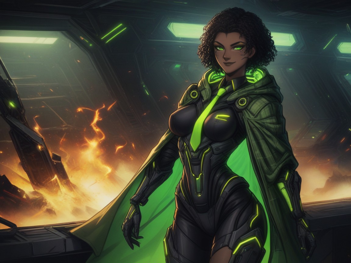 Neon Green Visor, Green Alien Gauntlets With Cables Attached, Mechanized War Suit AI 포르노